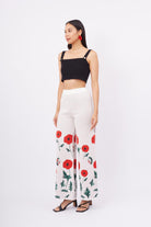 Peraluna-Poppy Trouser Gelincik Desen Yüksek Bel Rahat Kesim Beli Lastikli Kadın Triko Pantolon Ekru-Pantolon-7-fleurdirect.live