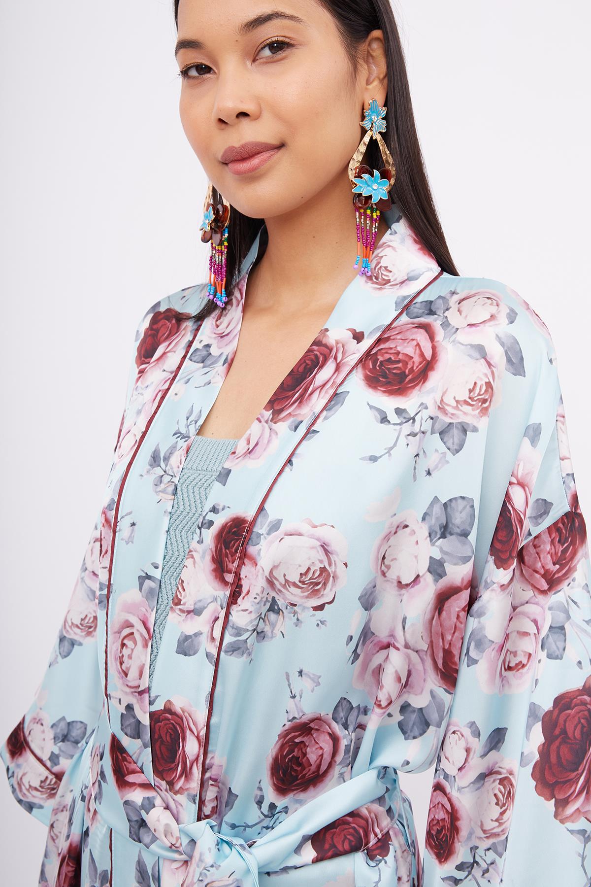 Peraluna-Rosemarry Long Kimono Gül Desen Baskılı 125 Cm Uzun Saten Kadın Kimono Turkuaz-Kimono-3-fleurdirect.live