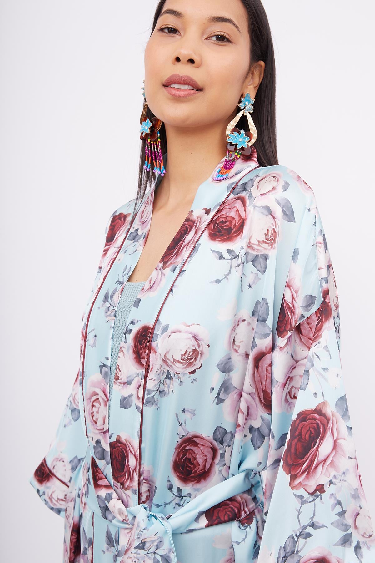 Peraluna-Rosemarry Long Kimono Gül Desen Baskılı 125 Cm Uzun Saten Kadın Kimono Turkuaz-Kimono-4-fleurdirect.live