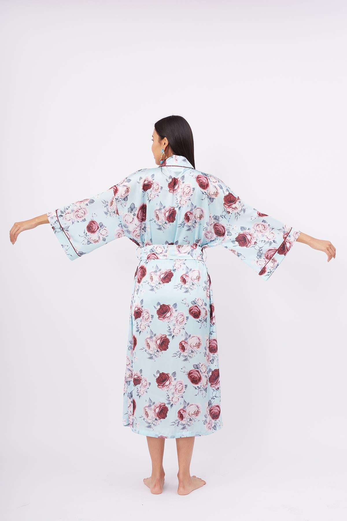 Peraluna-Rosemarry Long Kimono Gül Desen Baskılı 125 Cm Uzun Saten Kadın Kimono Turkuaz-Kimono-6-fleurdirect.live
