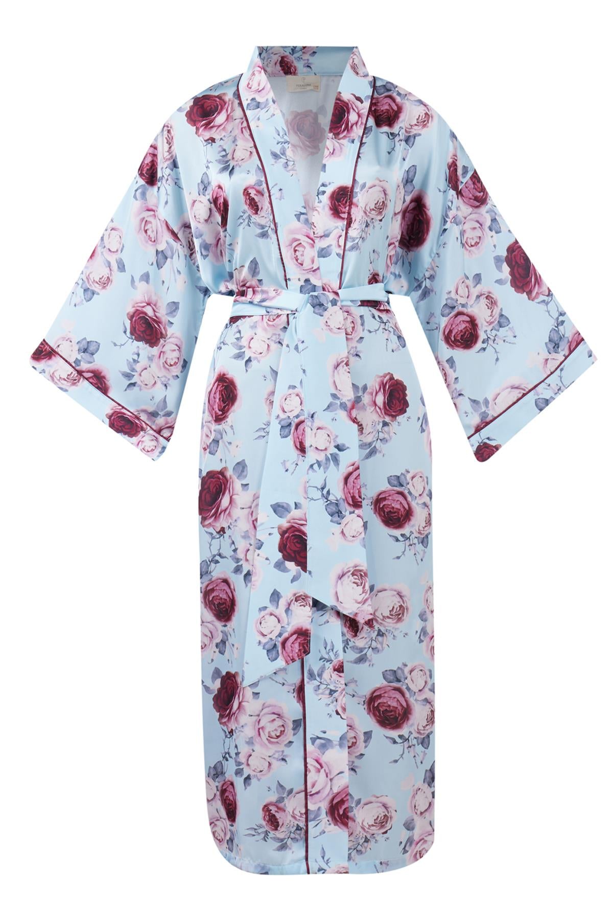 Peraluna-Rosemarry Long Kimono Gül Desen Baskılı 125 Cm Uzun Saten Kadın Kimono Turkuaz-Kimono-8-fleurdirect.live