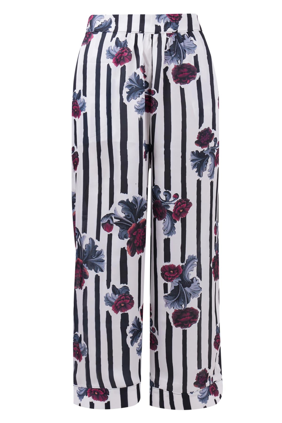 Peraluna-Stripe Garden Trouser Çizgili Güllü Baskılı Saten Kadın Pantolon-Pantolon-9-fleurdirect.live