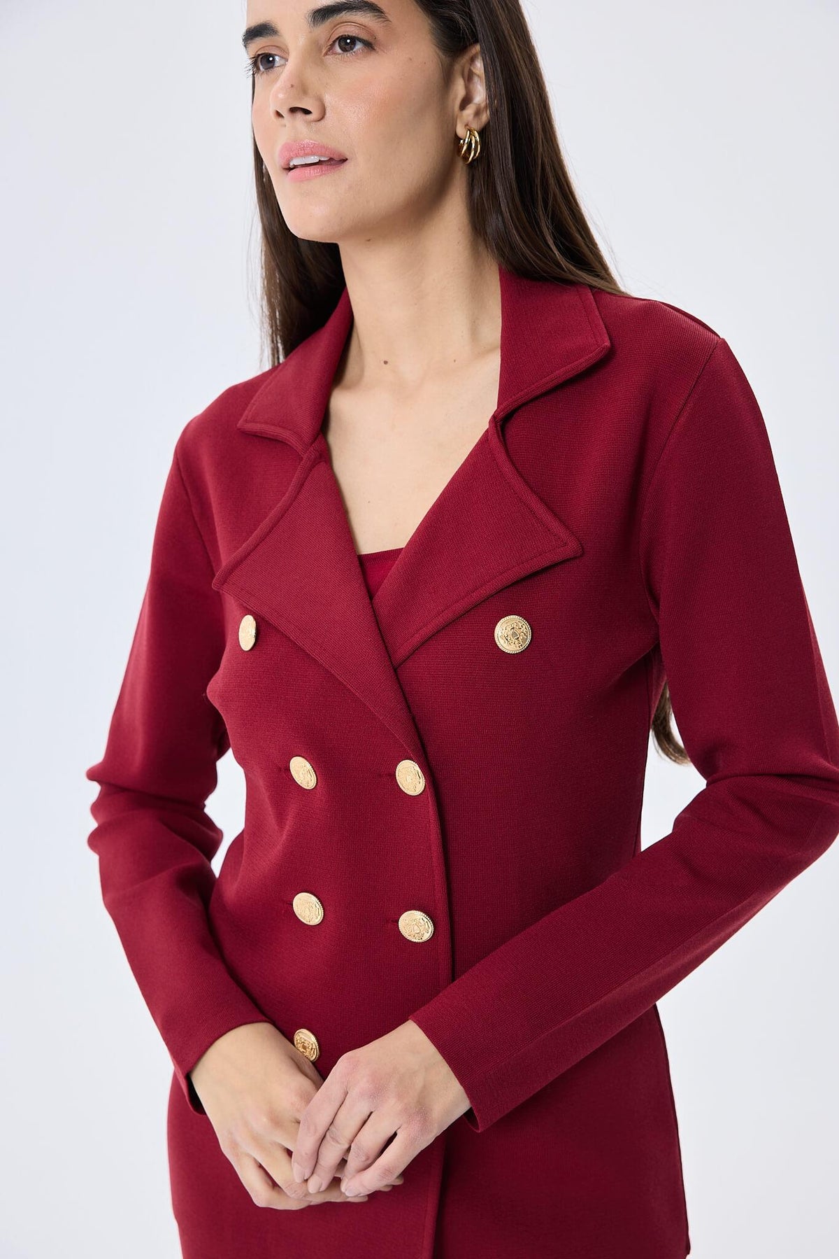 Peraluna-Styleboom X Katherine Blazer Çelik Örgü Klasik Kesim Düğmeli Blazer Kadın Triko Ceket Bordo-Ceket-3-fleurdirect.live