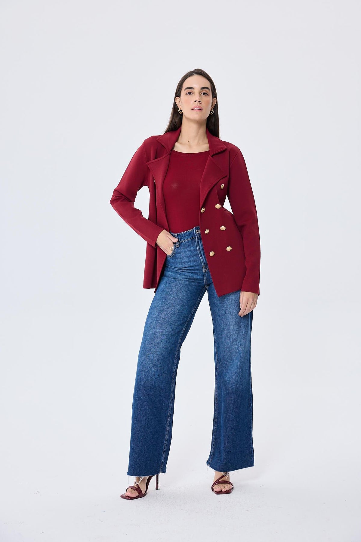 Peraluna-Styleboom X Katherine Blazer Çelik Örgü Klasik Kesim Düğmeli Blazer Kadın Triko Ceket Bordo-Ceket-5-fleurdirect.live