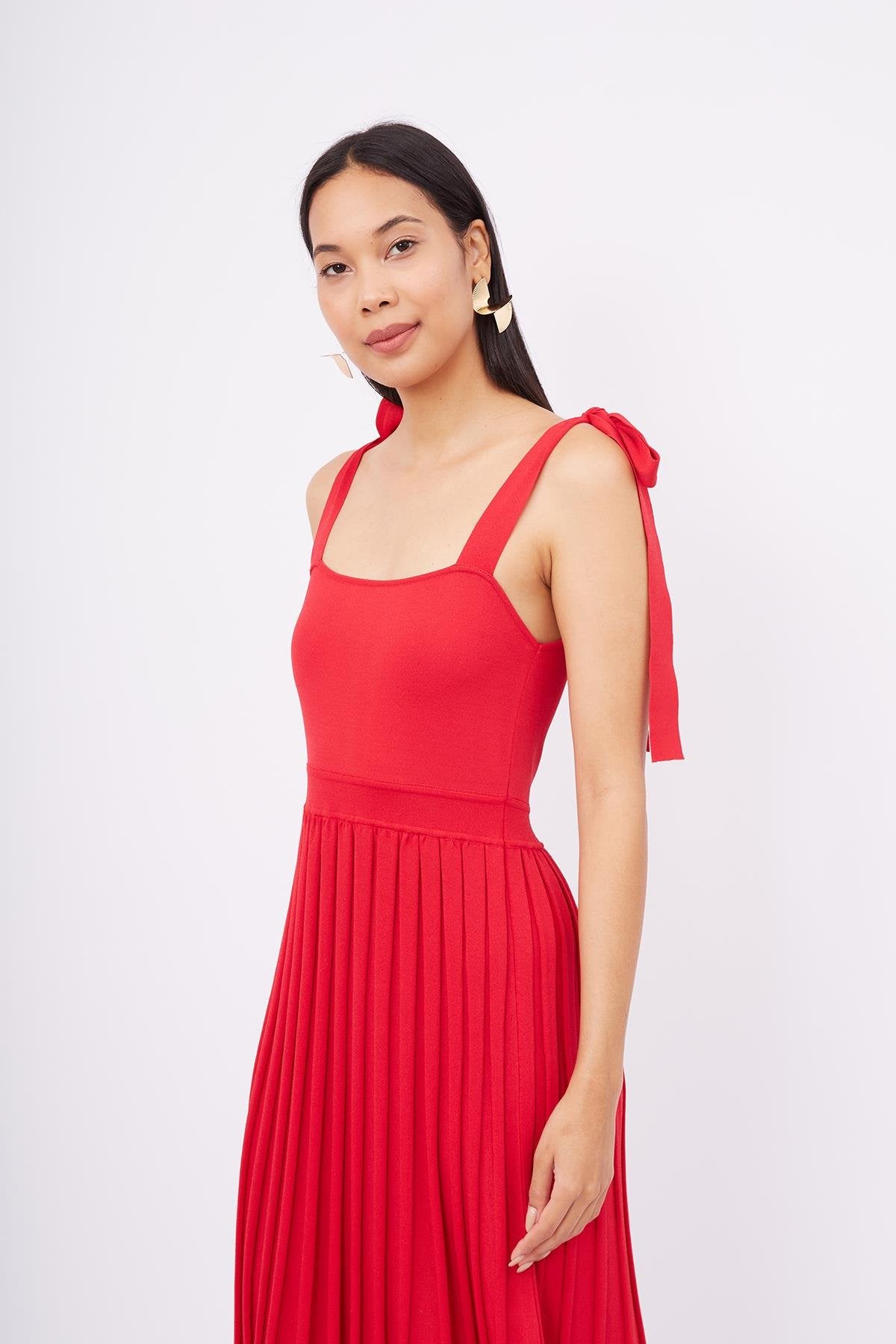 Peraluna-Styleboom X Kelly Dress Askılı Bağlama Detaylı Rahat Kesim Midi Boy Yazlık Kadın Triko Elbise Kırmızı-Elbise-2-fleurdirect.live