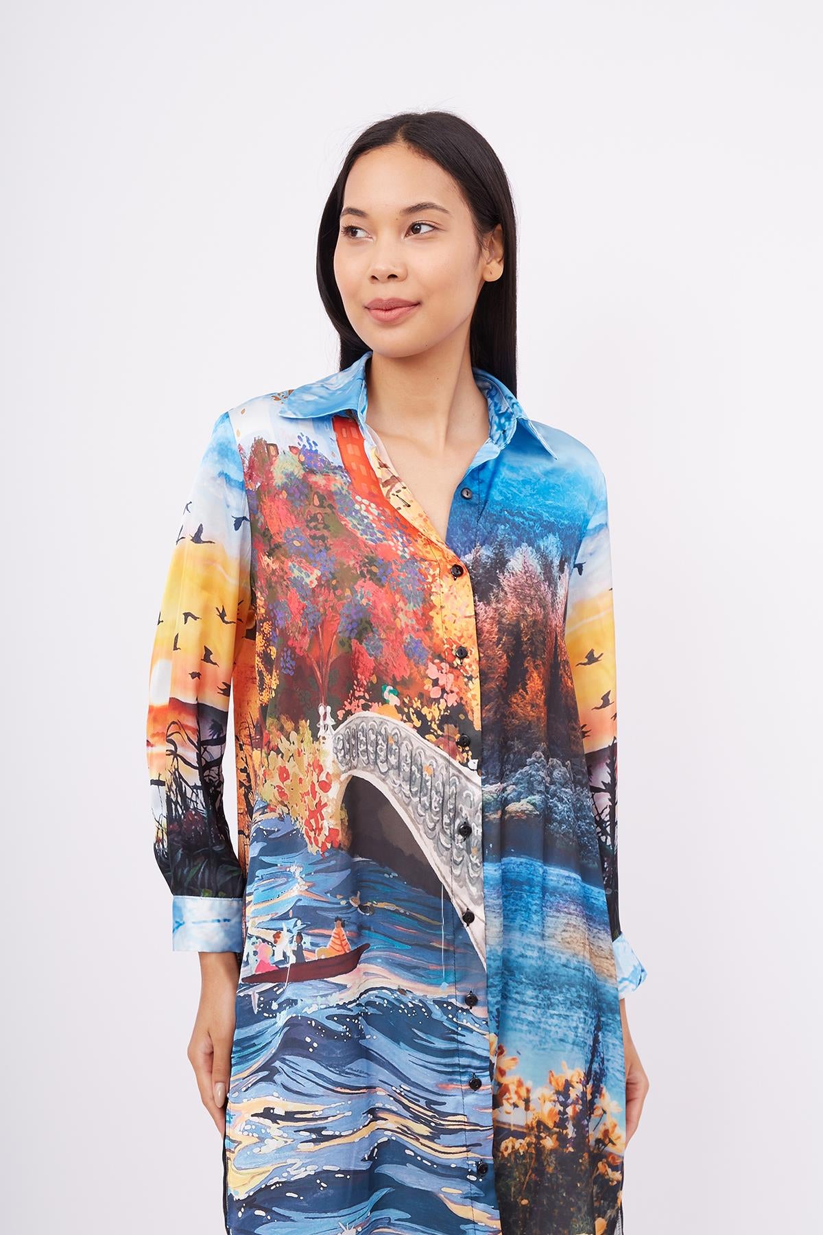 Peraluna-Sweet Memories Long Shirt Dress Manzara Baskılı 120 Cm Saten Uzun Gömlek Elbise-Elbise-2-fleurdirect.live