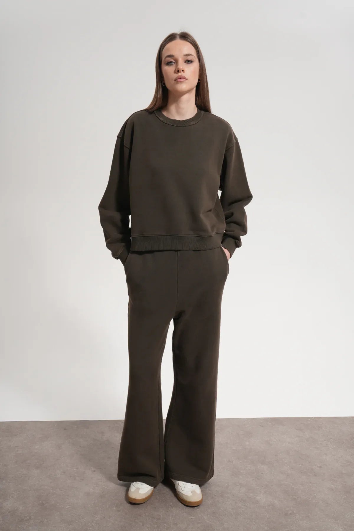 Kadın Flared Wide Leg Washed Sweatpants - Kahverengi