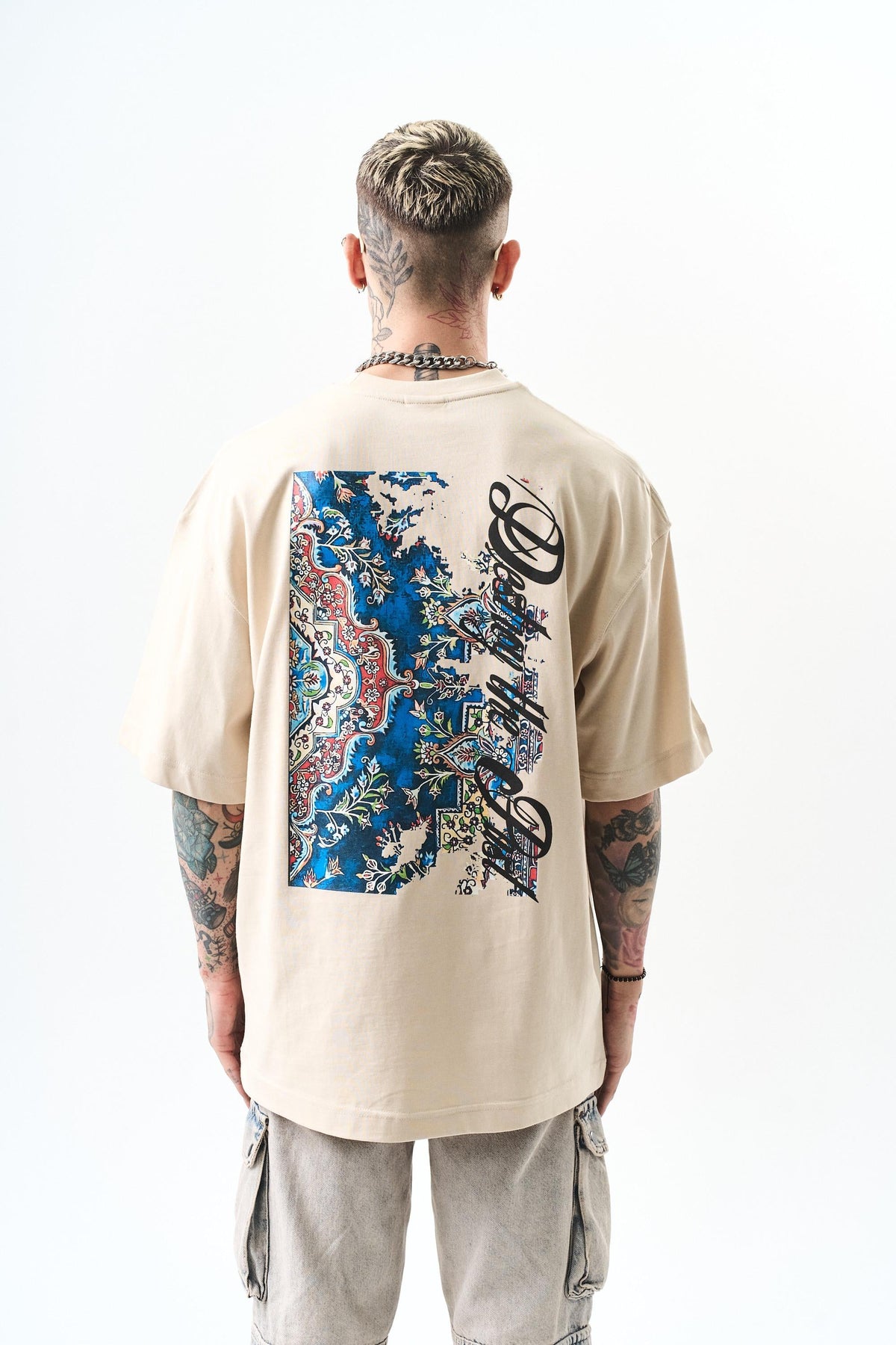 Erkek Destroy Baskılı Oversize T-Shirt Bej