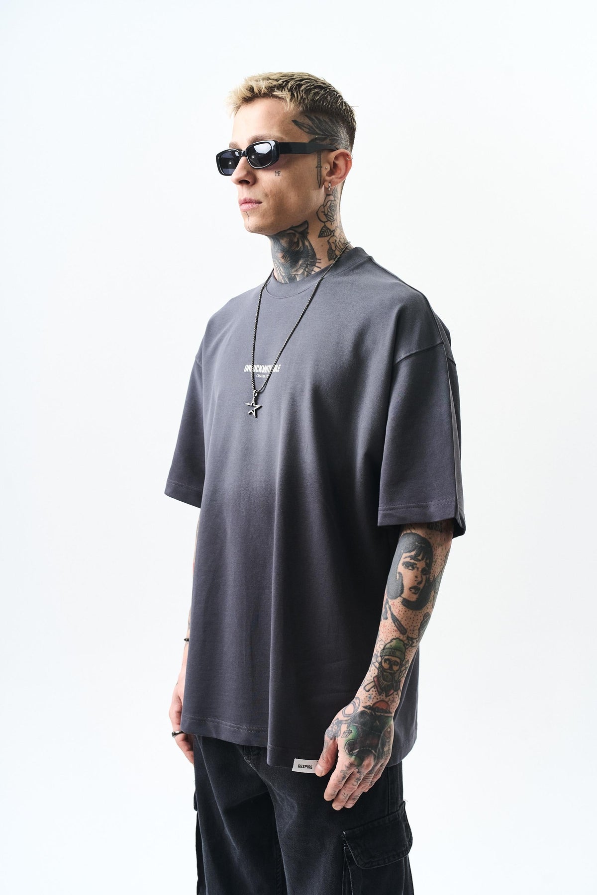 Erkek Unfuckwithable Baskılı Oversize T-Shirt Füme