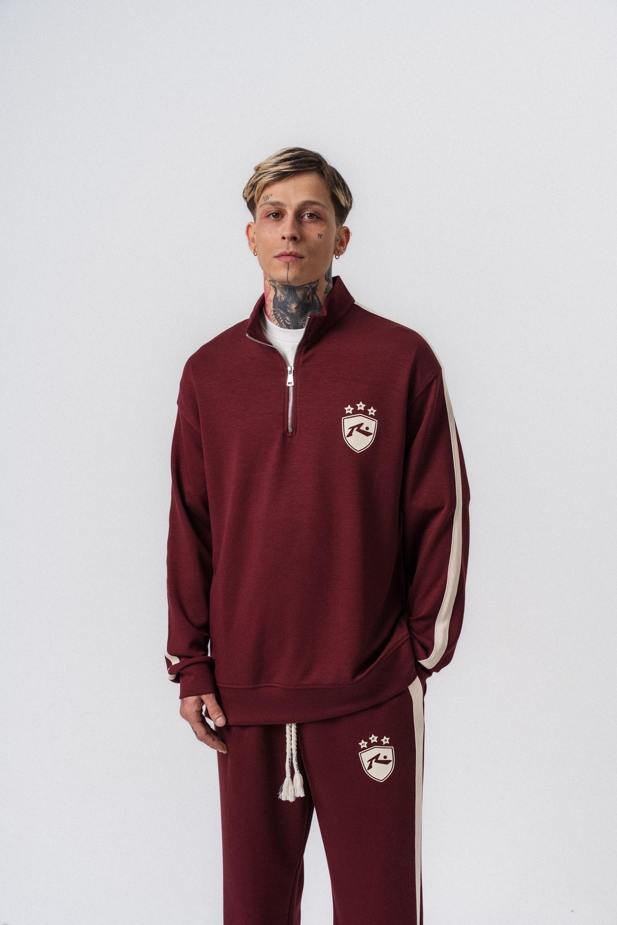 Erkek Şerit Detaylı Yarım Fermuarlı Modal Sweatshirt Vişne