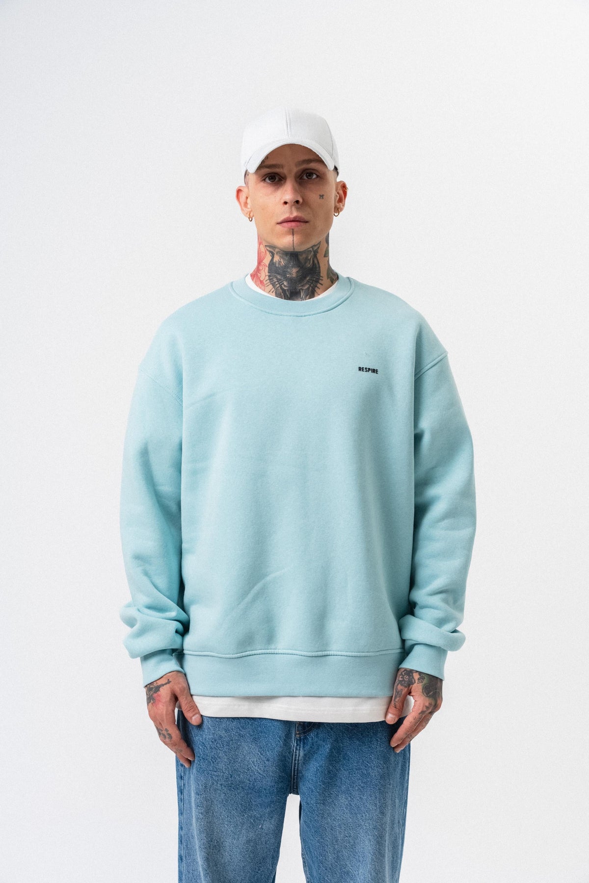 Erkek Respire Yazı Detaylı Basic Oversize Sweatshirt Bebe Mavi