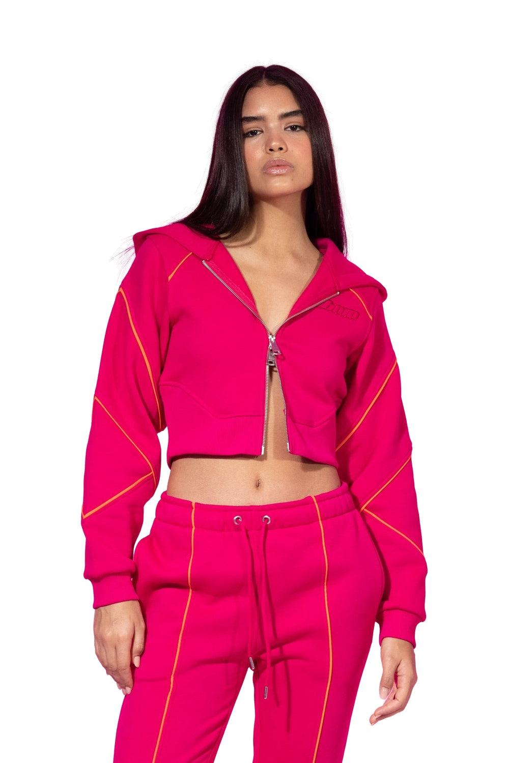 SBNM-Ruby Pink Zip Up Cropped Hoodie-Sweatshirts & Hoodies-1-fleurdirect.live