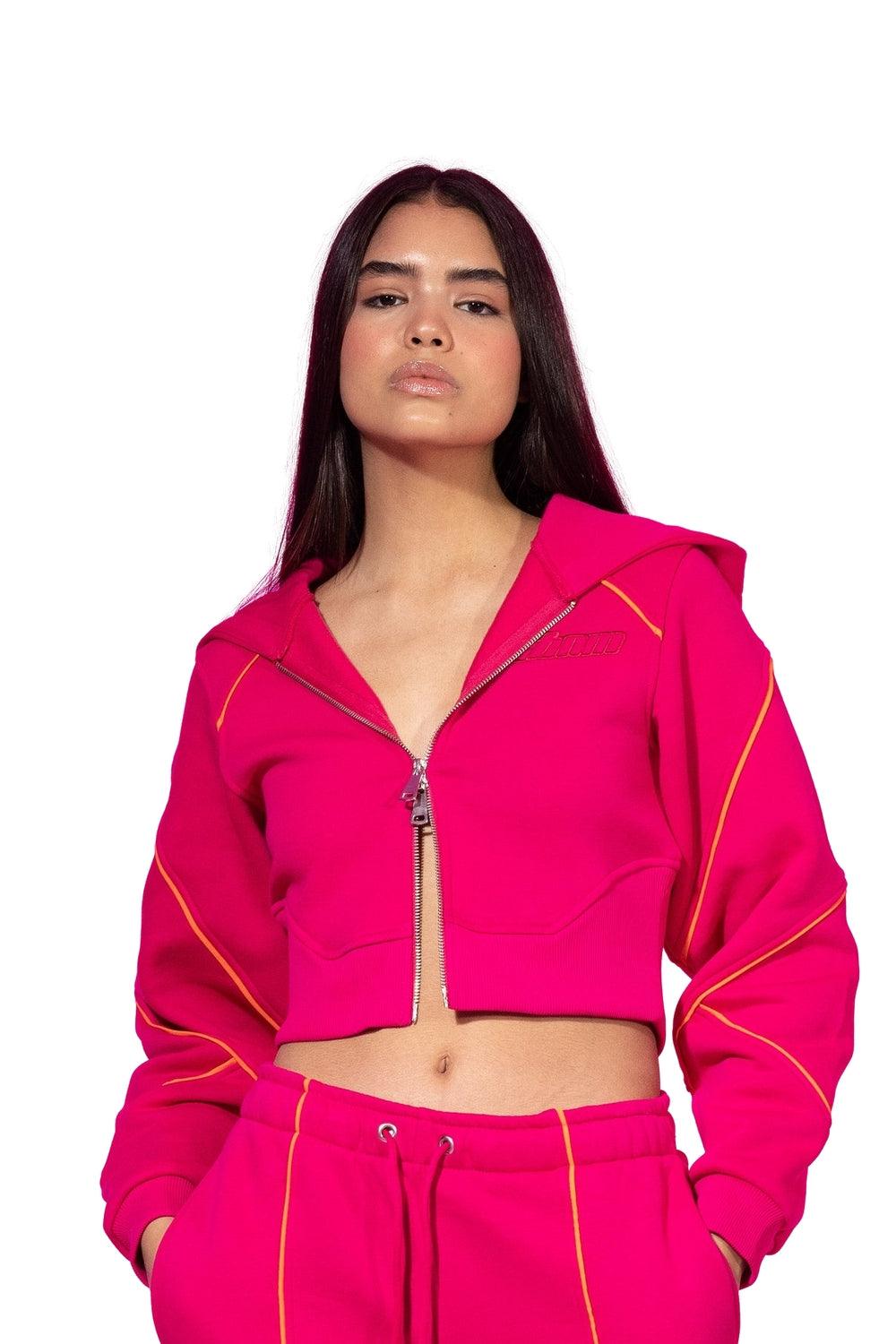 SBNM-Ruby Pink Zip Up Cropped Hoodie-Sweatshirts & Hoodies-2-fleurdirect.live