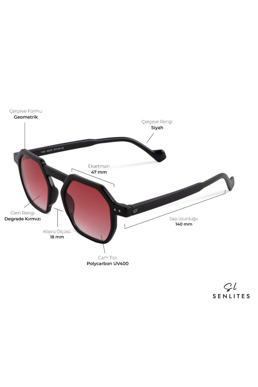 Senlites-Devika Rosso Unisex Siyah Degrade Uv400 Altıgen Güneş Gözlüğü-Güneş Gözlüğü-4-fleurdirect.live