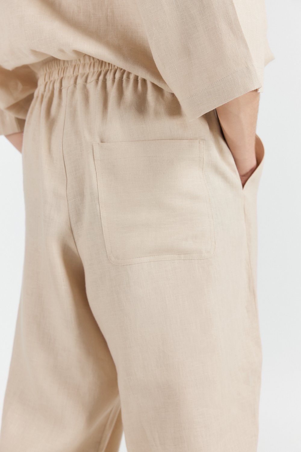 Sertaç Taşdelen-Açık Kahverengi %100 Keten Beli Lastikli Bol Paça Erkek Pantolon Model P 06-Pantolon-5-fleurdirect.live