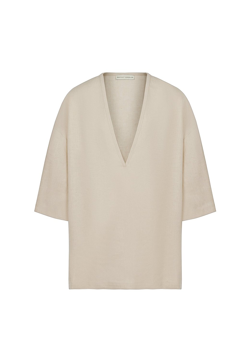 Sertaç Taşdelen-Açık Kahverengi %100 Keten Derin V Yaka Oversized Erkek T-shirt Model T 12-T-Shirts-1-fleurdirect.live