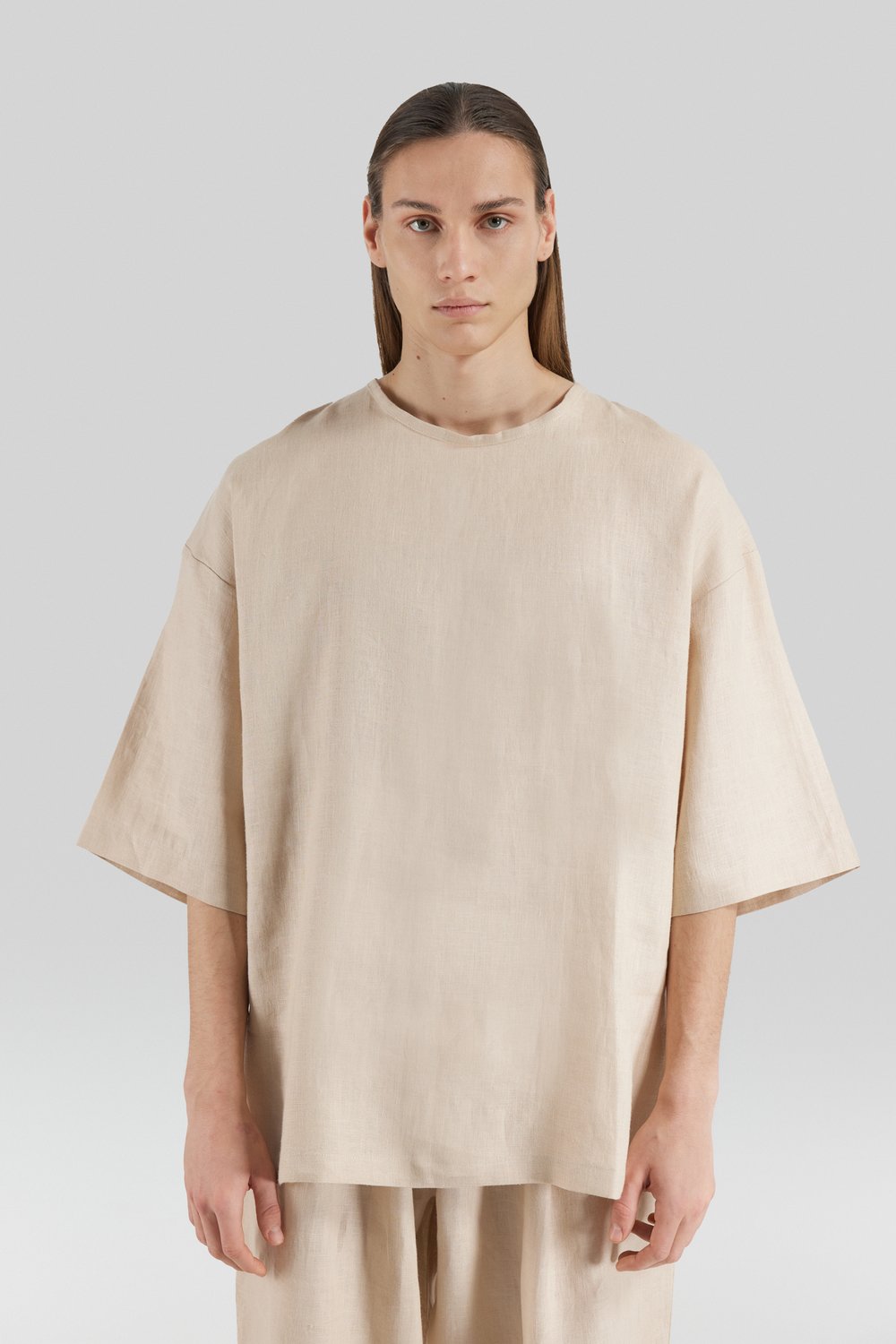 Sertaç Taşdelen-Açık Kahverengi %100 Keten Yuvarlak Yaka Oversized Erkek T-shirt Model T 08-T-Shirts-4-fleurdirect.live