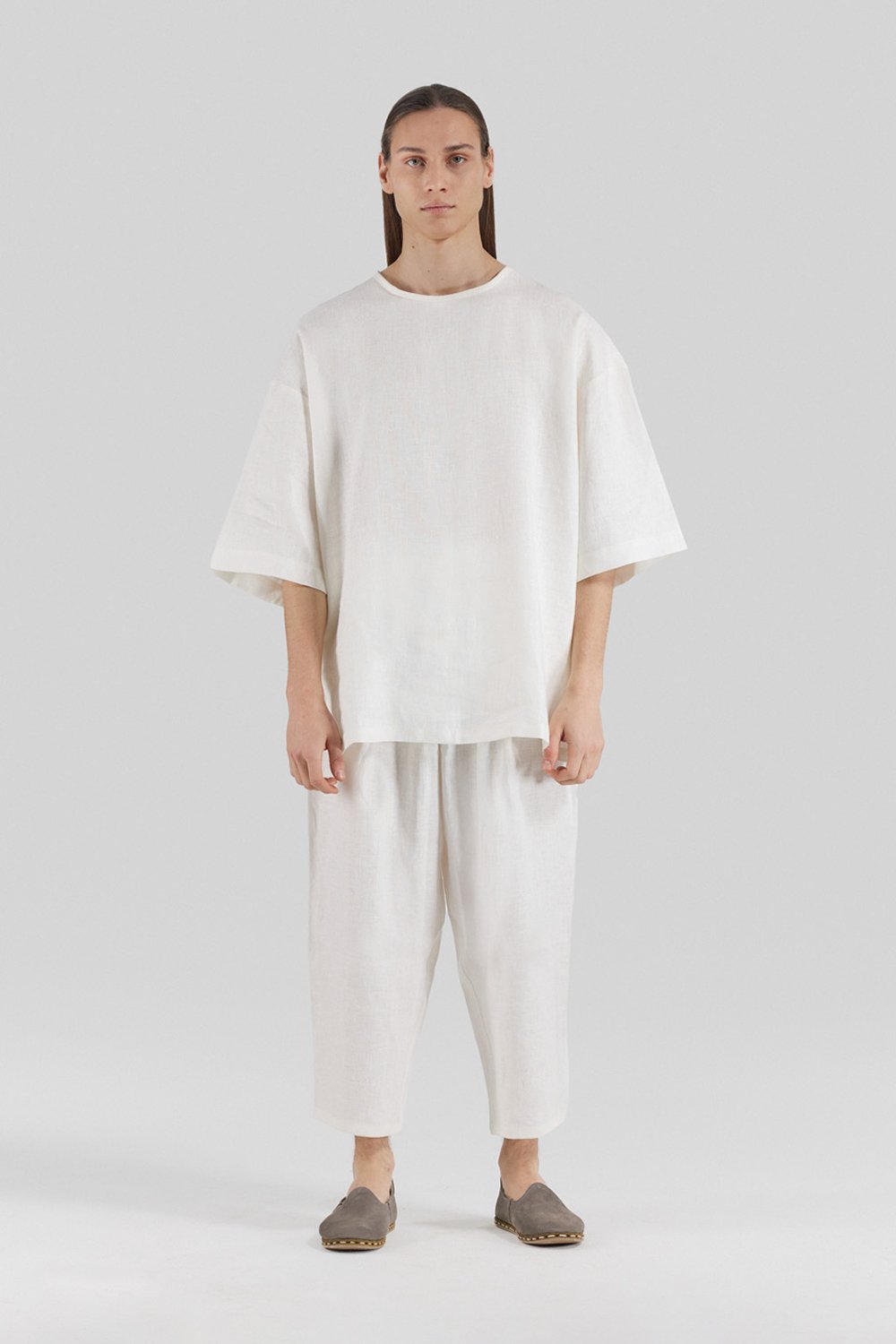 Sertaç Taşdelen-Beyaz %100 Keten Yuvarlak Yaka Oversized Erkek T-shirt Model T 07-T-Shirts-1-fleurdirect.live