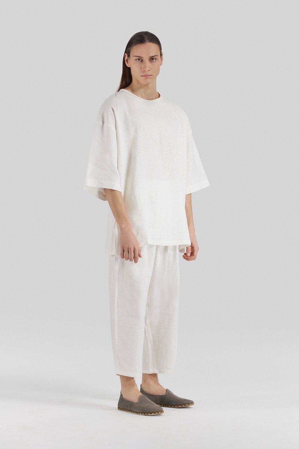 Sertaç Taşdelen-Beyaz %100 Keten Yuvarlak Yaka Oversized Erkek T-shirt Model T 07-T-Shirts-2-fleurdirect.live