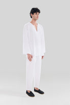 Sertaç Taşdelen-Beyaz %100 Pamuk V Yaka Oversized Erkek T-shirt Model T 20-T-Shirts-2-fleurdirect.live