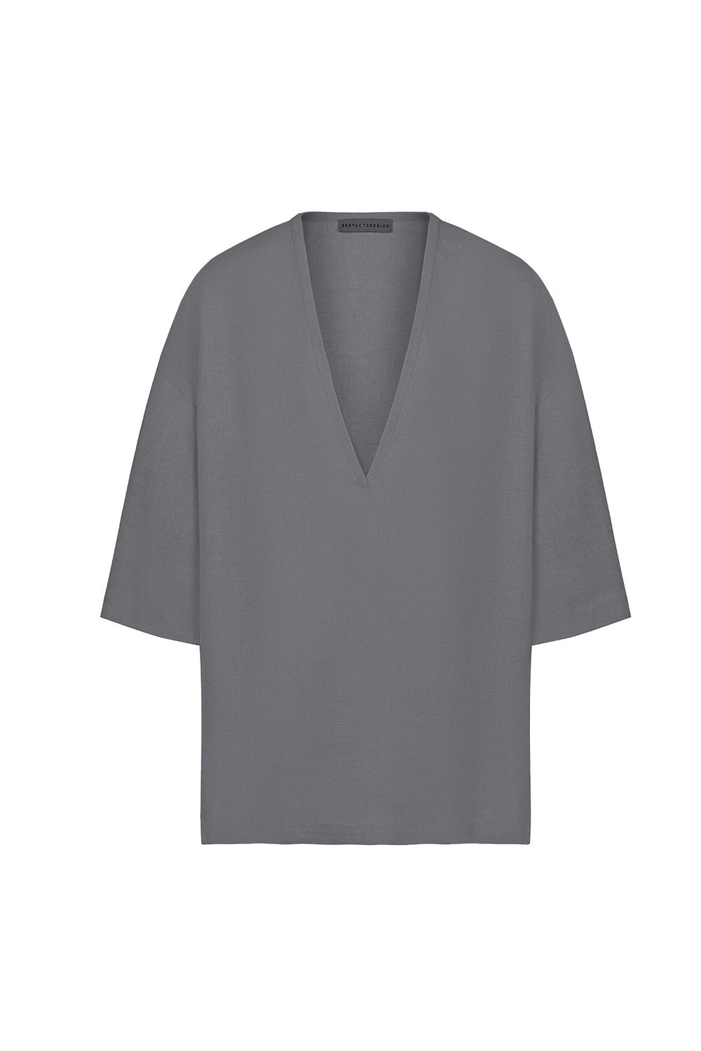 Sertaç Taşdelen-Gri %100 Keten Derin V Yaka Oversized Erkek T-shirt Model T 13-T-Shirts-3-fleurdirect.live