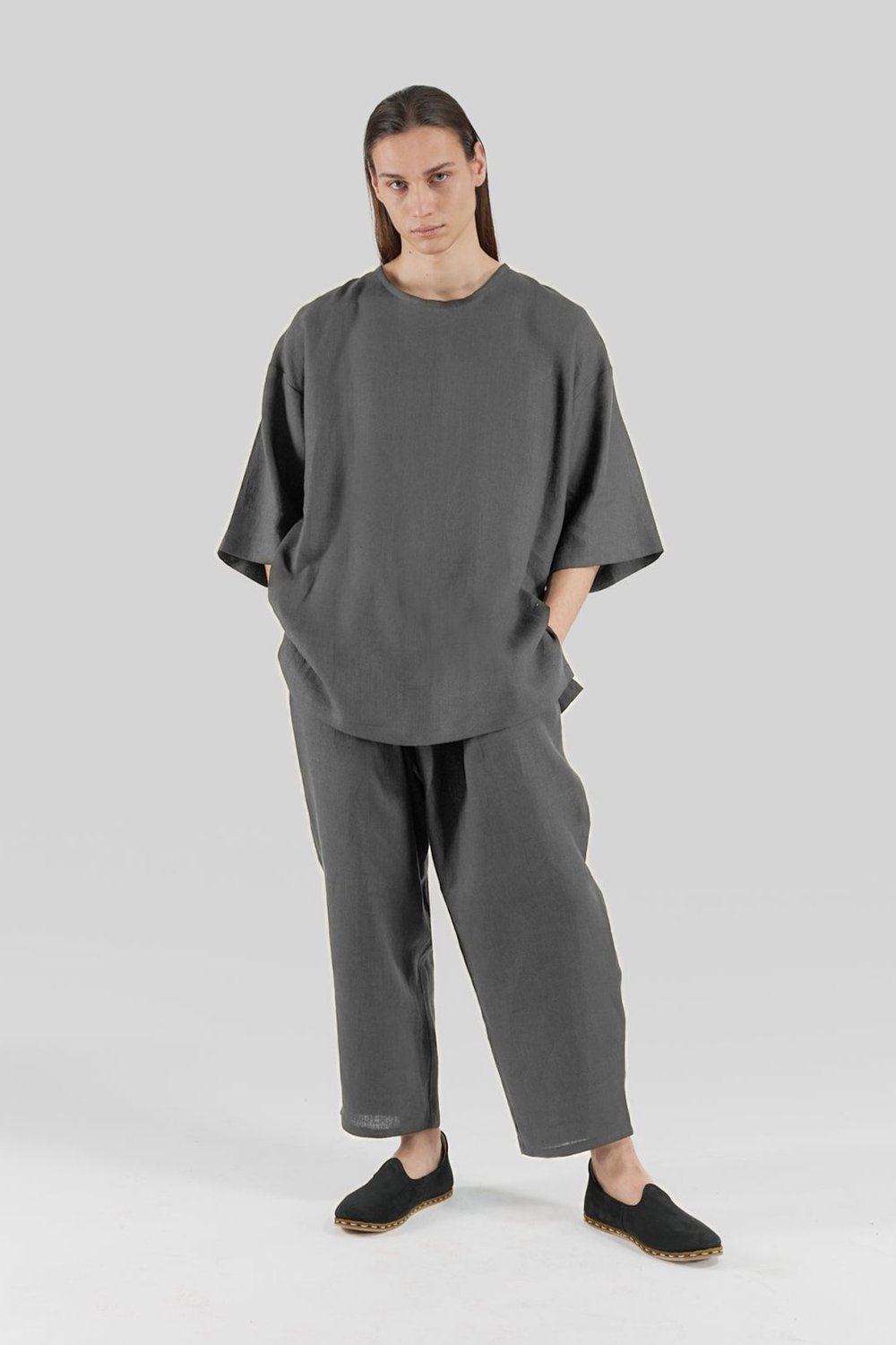 Sertaç Taşdelen-Gri %100 Keten Yuvarlak Yaka Oversized Erkek T-shirt Model T 14-T-Shirts-1-fleurdirect.live