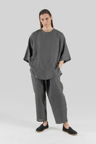 Sertaç Taşdelen-Gri %100 Keten Yuvarlak Yaka Oversized Erkek T-shirt Model T 14-T-Shirts-1-fleurdirect.live