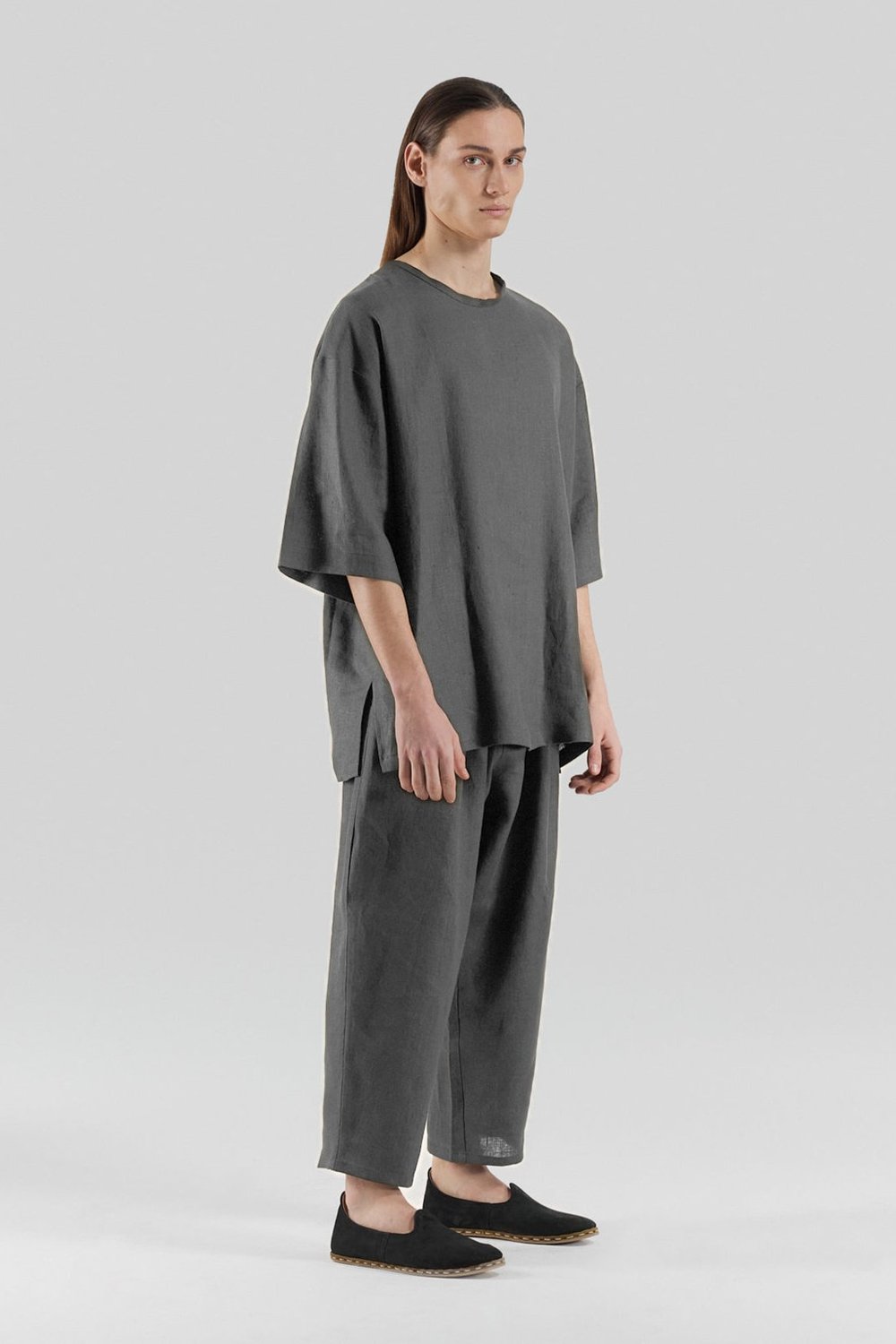 Sertaç Taşdelen-Gri %100 Keten Yuvarlak Yaka Oversized Erkek T-shirt Model T 14-T-Shirts-2-fleurdirect.live
