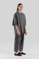 Sertaç Taşdelen-Gri %100 Keten Yuvarlak Yaka Oversized Erkek T-shirt Model T 14-T-Shirts-2-fleurdirect.live