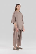 Sertaç Taşdelen-Koyu Kahverengi %100 Keten Yuvarlak Yaka Oversized Erkek T-shirt Model T 06-T-Shirts-2-fleurdirect.live