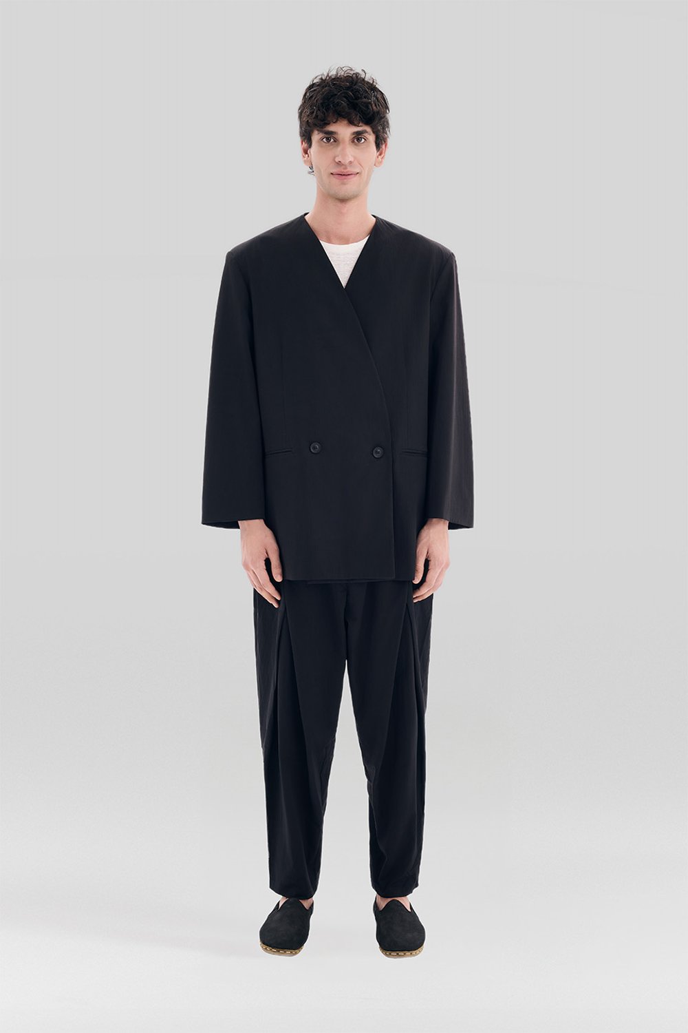 Sertaç Taşdelen-Siyah %40 Pes %60 Naylon Yakasız Kruvaze Oversized Erkek Ceket Model J 02-Ceket-1-fleurdirect.live