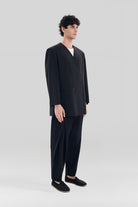 Sertaç Taşdelen-Siyah %40 Pes %60 Naylon Yakasız Kruvaze Oversized Erkek Ceket Model J 02-Ceket-2-fleurdirect.live