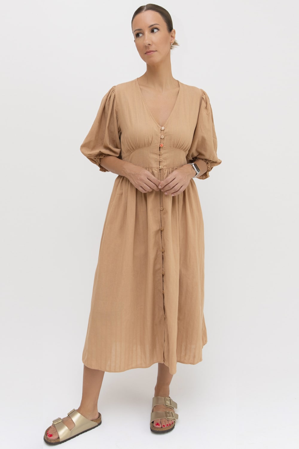 Sfida İstanbul-%100 Pamuk Armürlü Beli Lastikli Elbise - Cotton Dobby Fabric Citrine Dress - Ar003n-Elbise-1-fleurdirect.live