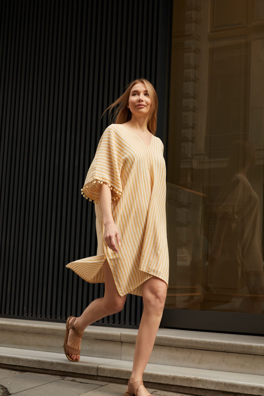 Sfida İstanbul-File Dokulu Pamuk Kısa Kaftan- Organic Cotton Short Stripe Caftan - Sf10-Elbise-3-fleurdirect.live