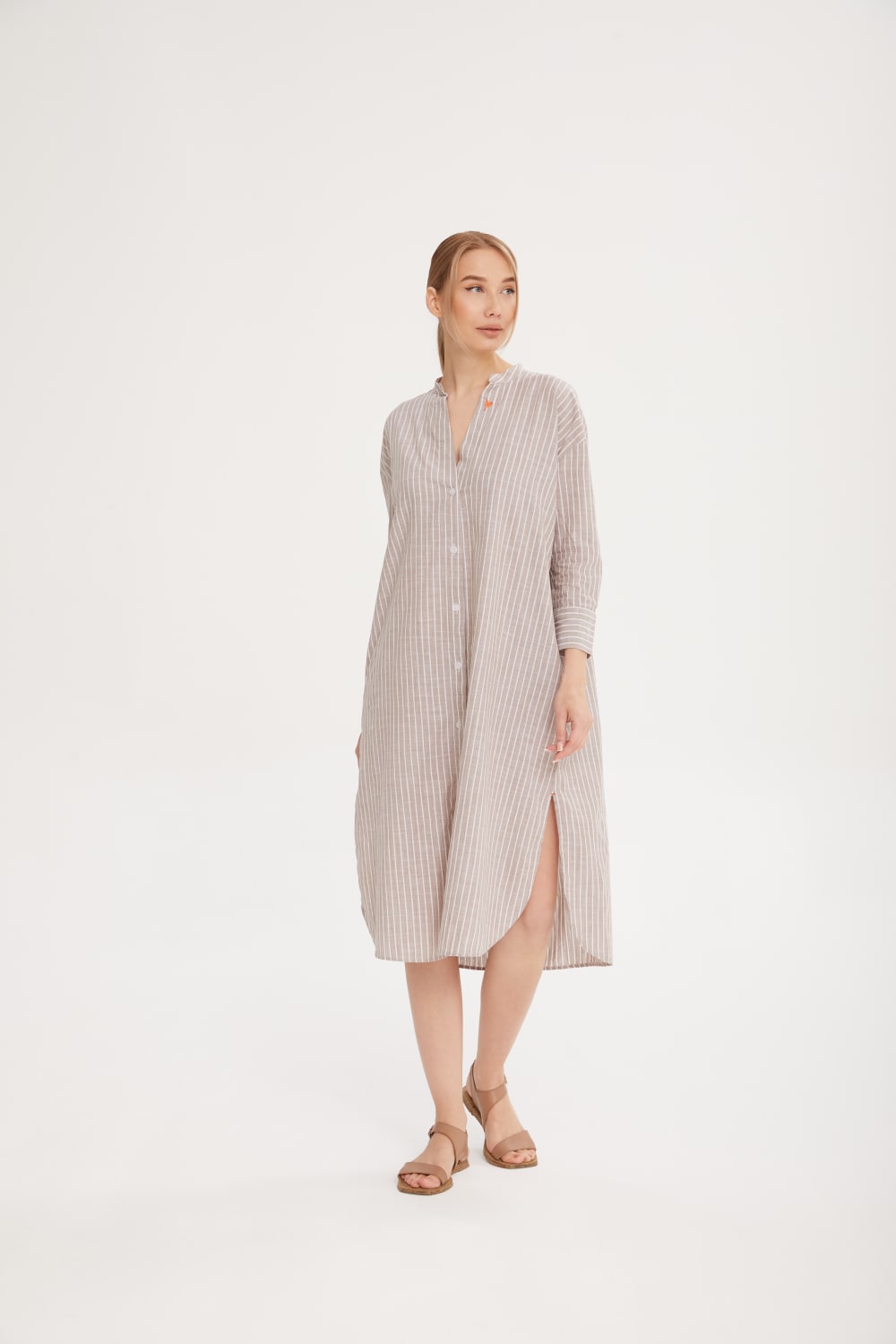 Sfida İstanbul-Keten Dokulu Pamuk Çizgişi Gömlek Elbise- Shirt Dress - Sf14-Elbise-2-fleurdirect.live