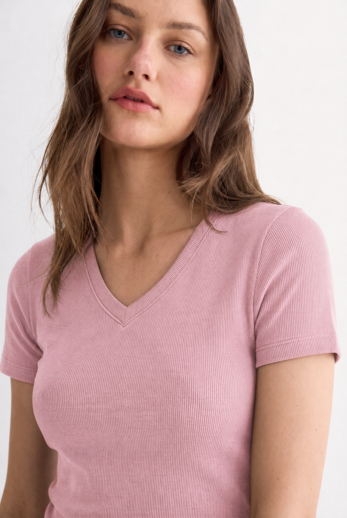 Fitilli V Yaka Kadın Tişört, Pembe - 3