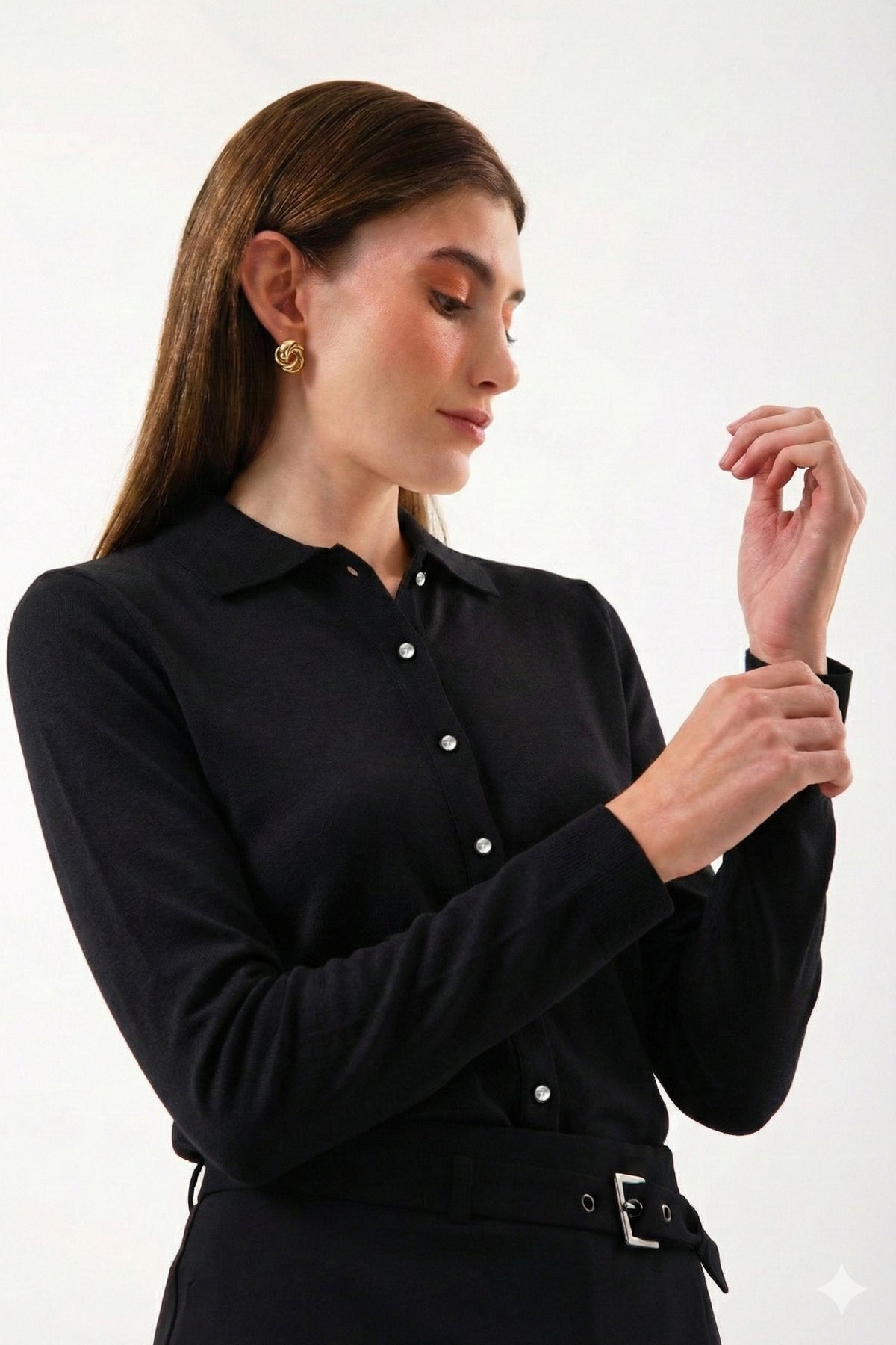 %100 Organik Pamuk Siyah Dar Kesim / Slim Fit Kadın Gömlek