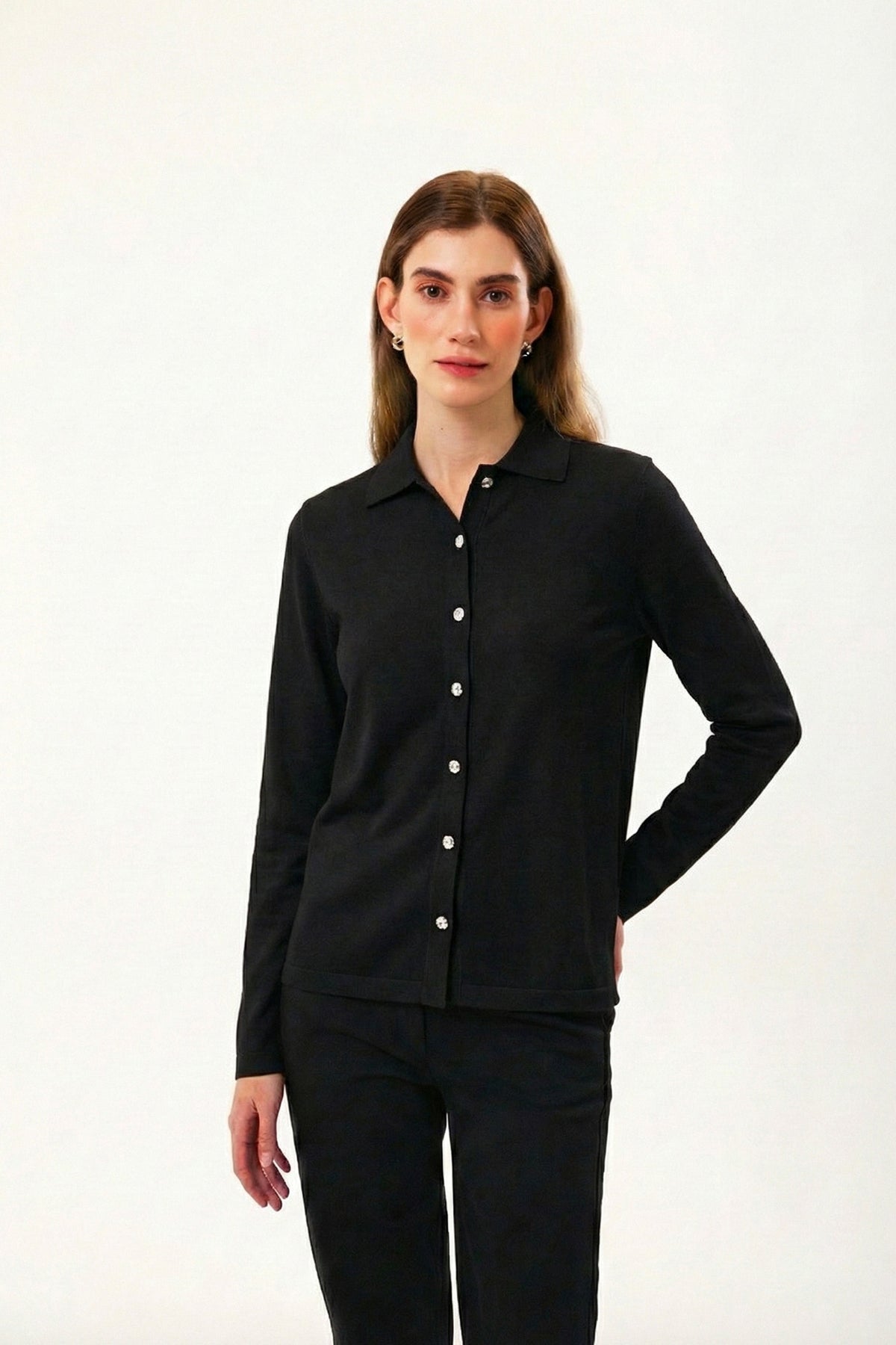 %100 Organik Pamuk Siyah Dar Kesim / Slim Fit Kadın Gömlek