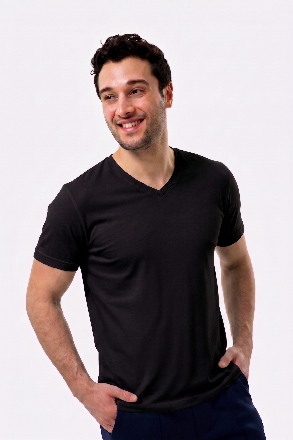 V Yaka Kısa Kollu Erkek Tişört, Siyah - 1