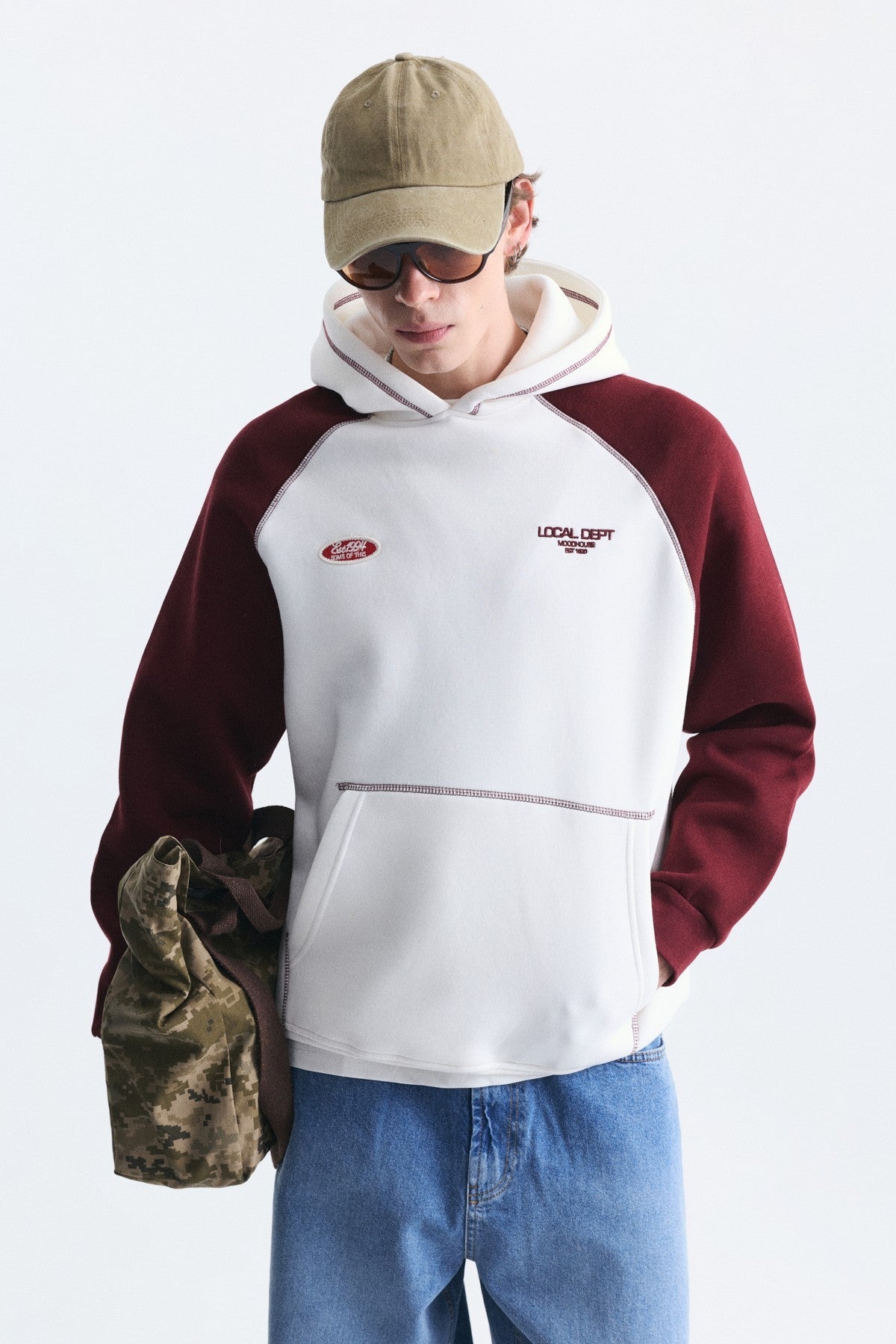 Renk Bloklu Kanguru Cepli Kapüşonlu Sweatshirt
