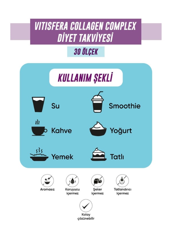 Vitisfera Collagen Complex- %100 Saf, Doğal Tip I-III Çift Hidrolize Kolajen Peptitleri + trans Resveratrol İçeren Gıda Takviyesi