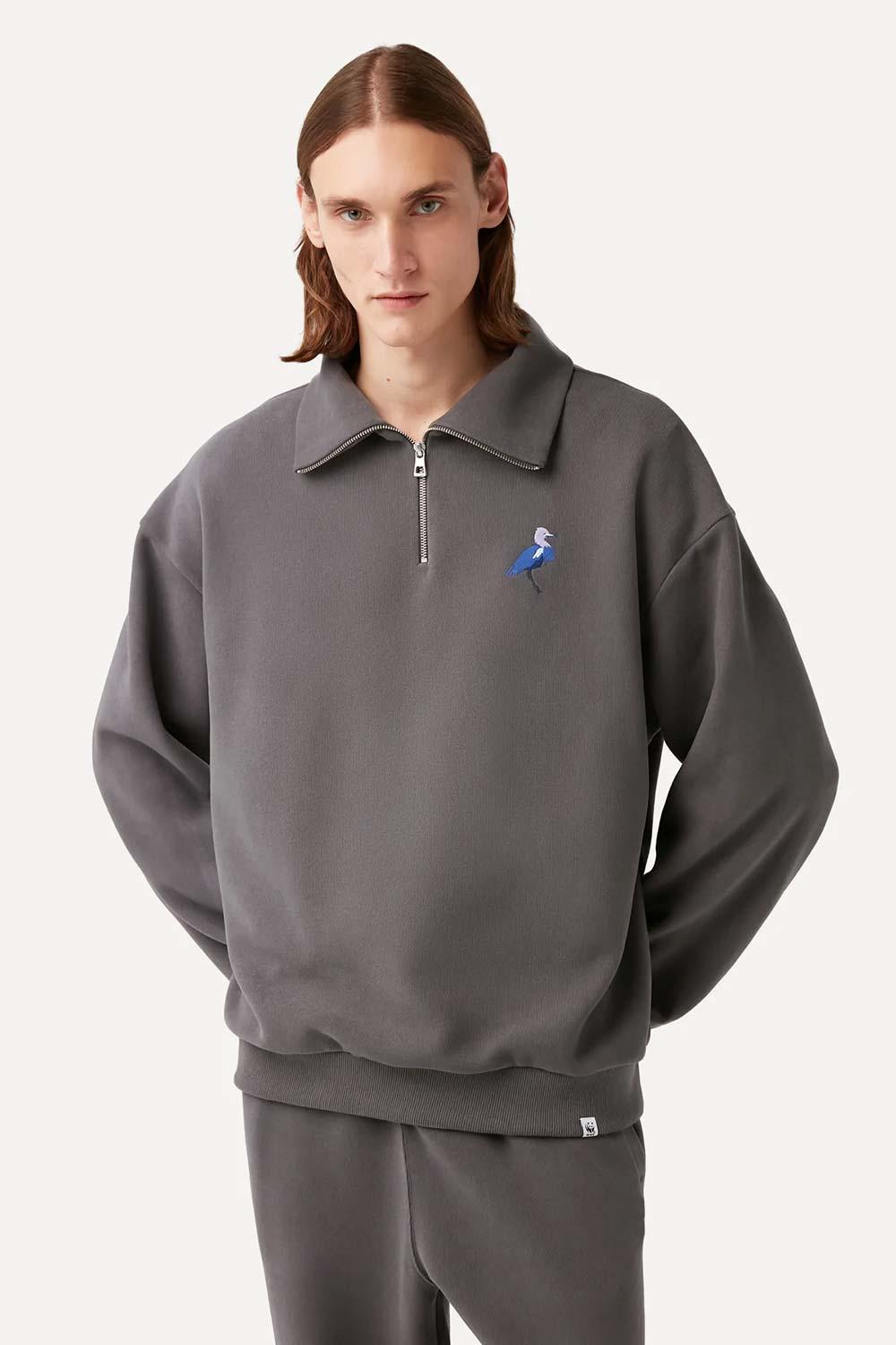 WWF Market-Küçük Mavi Balıkçıl Q-Zip Sweatshirt - Koyu Gri-Sweatshirts & Hoodies-1-fleurdirect.live
