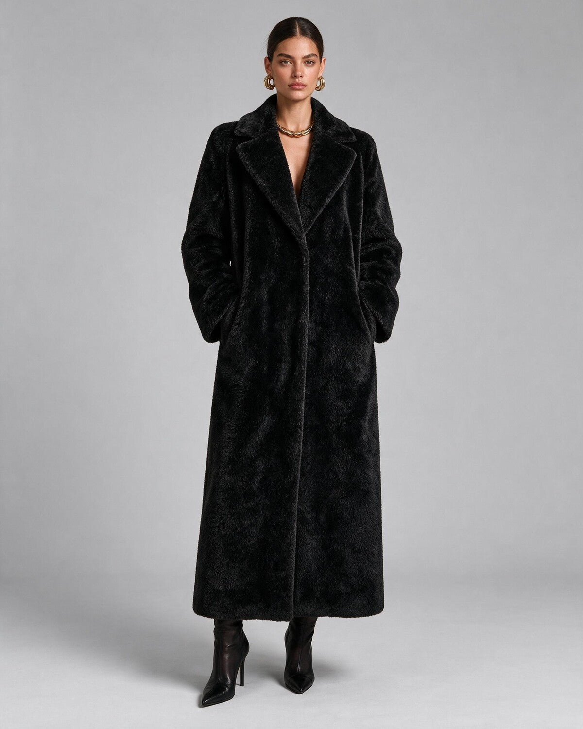 Notched-Collar Faux Fur Maxi Coat