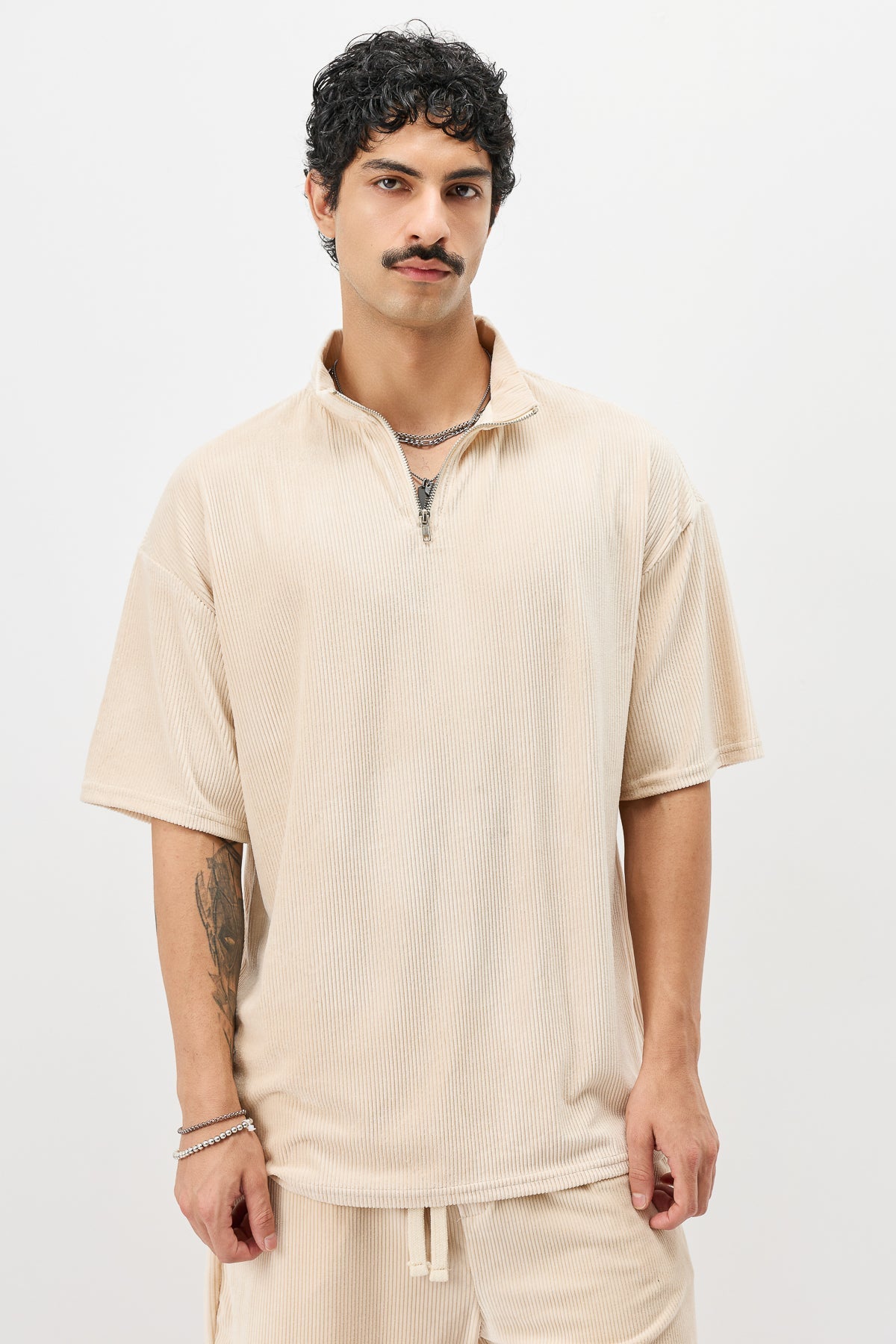 Yarım Fermuarlı Oversize Fitilli Tişört - 0