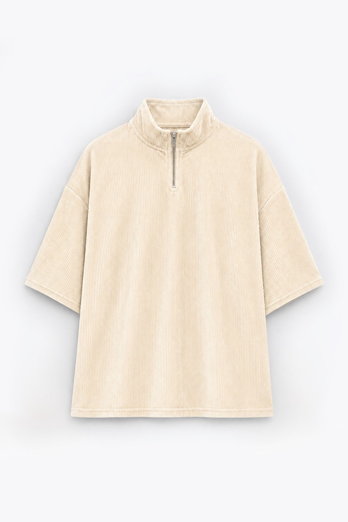 Yarım Fermuarlı Oversize Fitilli Tişört - 4
