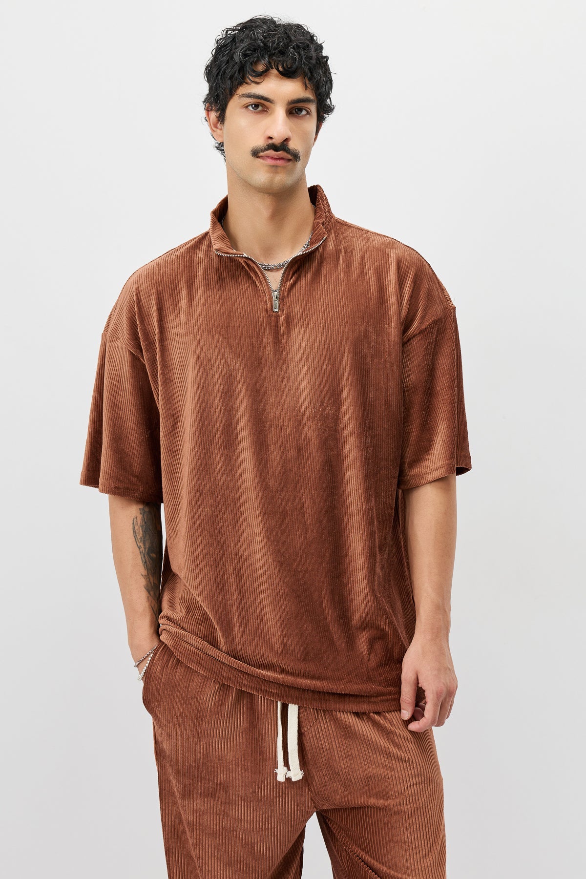 Yarım Fermuarlı Oversize Fitilli Tişört - 0