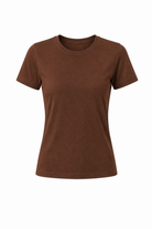 Bisiklet Yaka Kısa Kollu Kadın Tişört, Kahverengi - 0