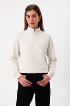Yarım Fermuarlı Kadın Sweatshirt, Taş - 0