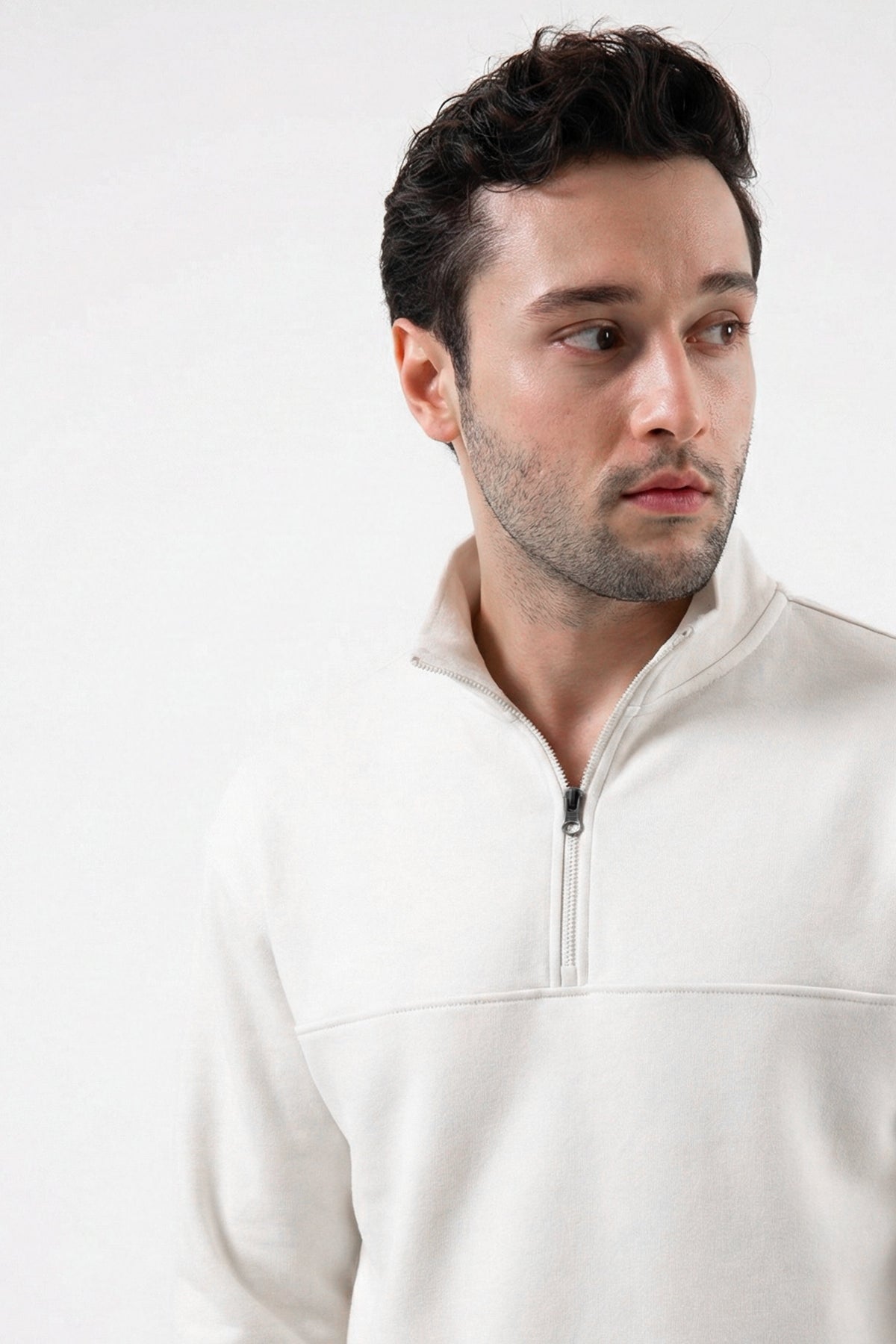 Yarım Fermuarlı Erkek Sweatshirt, Taş - 2