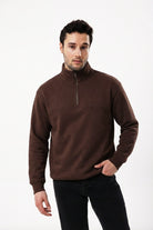 Yarım Fermuarlı Erkek Sweatshirt, Kahverengi - 1